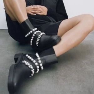 ZARA Pearl Embellished Leather Combat Boots Sz 6 BLOGGER FAVE